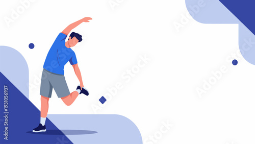 Healthy lifestyle illustration of a man stretching and exercising on a clean white background with blue geometric accents, perfect for fitness app banners, workout blog headers, and wellness marketing