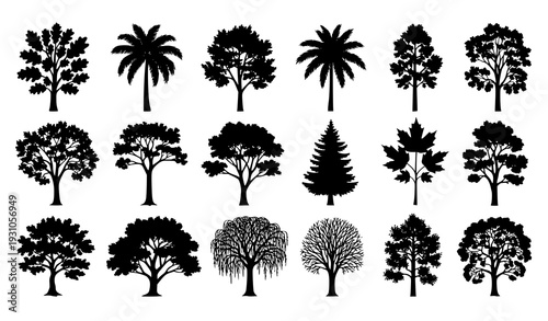 Realistic Tree Silhouette Vector Set Isolated on White Background Forest Nature Collection