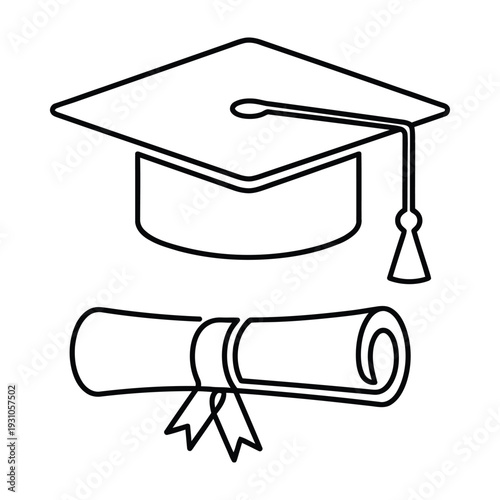 Classic Academic Line Art Icon of a Graduation Cap and Rolled Diploma for Educational Achievement and Ceremony Graphics