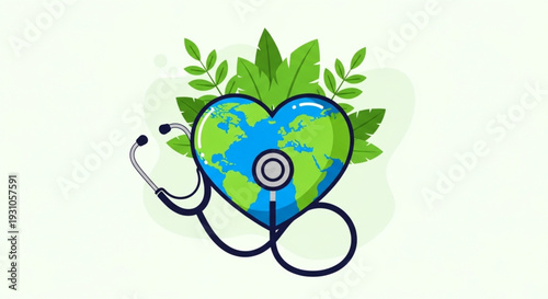 World Health Day Heart-shaped Earth with stethoscope, symbolizing global health, environmental protection, and a sustainable future for our planet's well-being and ecological balance