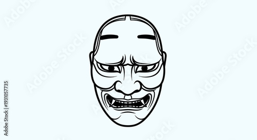 Japanese Kabuki Mask Drawing, Traditional Noh Theater Face, Dramatic Expression, Black and White