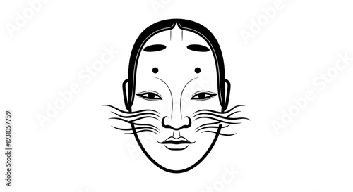 Japanese Kabuki mask with stylized whiskers and expressive eyes, black and white vector art