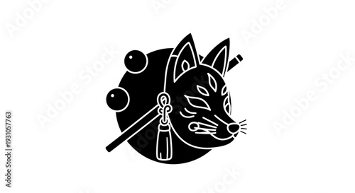 Japanese Kitsune Mask Icon, Black and White, Minimalist, Traditional Art