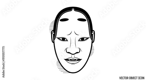 Japanese Noh Mask Vector Icon - Traditional Japanese Theater Face