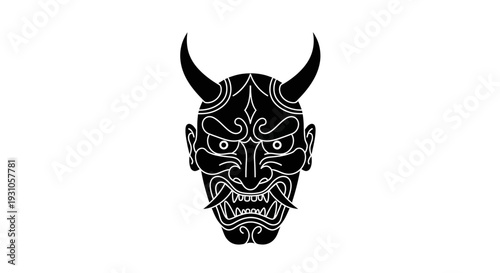 Japanese Oni Mask Silhouette, Traditional Demon Face Graphic, Evil Spirit Symbol