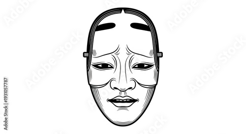 Japanese Noh Mask Illustration - Expressive Face with Detailed Features