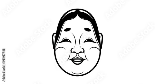 Japanese Noh Mask Illustration: Joyful Character with Smiling Face