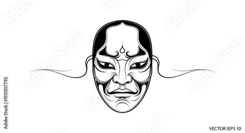 Japanese Noh Mask Illustration - Traditional Art, Black and White Vector