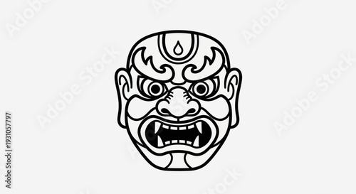 Japanese Oni Mask Tattoo Design - Black and White Vector Illustration