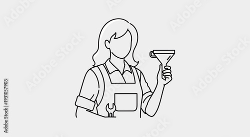 Female Mechanic Holding Funnel, Wrench, and Overalls - Vector Illustration