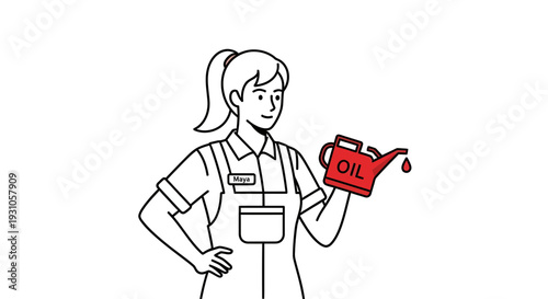 Female Mechanic Holding Oil Can, Car Repair Service, Automotive Maintenance