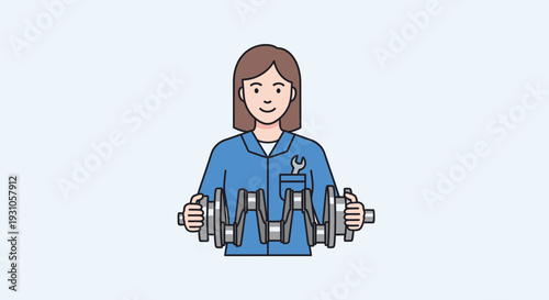 Female Mechanic Holding Crankshaft, Auto Repair, Automotive Industry, Car Maintenance