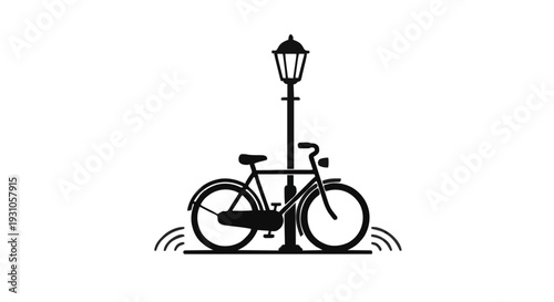 Crisp Black Silhouette Icon of a Vintage Bicycle Leaning Against a Lamppost - Flat Vector Design on Clean White Background