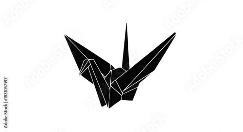 Minimalist Black and White Origami Crane Silhouette Icon - Elegant Geometric Flat Vector on White Background
