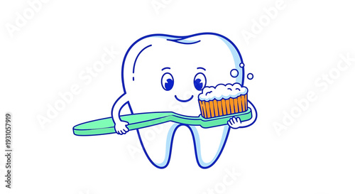 A cartoon tooth character happily brushing with a toothbrush in a clean environment from a straightforward view