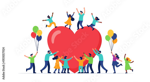 People celebrating together around a large red heart with balloons, viewed from the front in a joyful scene.