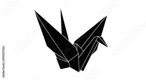 Minimalist Black Origami Crane Silhouette Icon Vector Illustration Flying Mid-Flight with Sharp Wings on Clean White Background