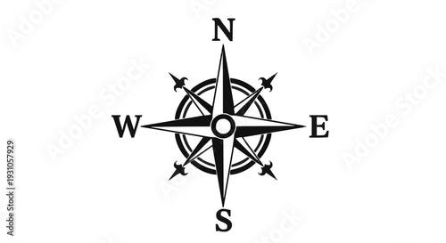 Vintage Compass Rose Silhouette Icon with Ornate Arms and Cardinal Directions N, S, E, W on White Background, Flat Vector Design for Navigation and Exploration