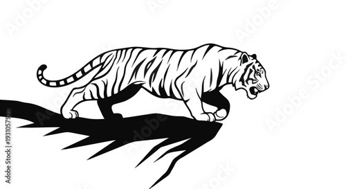 Powerful Black and White Vector Illustration of a Tiger Stalking on a Jagged Cliff. Fierce Wild Animal Graphic in Detailed Line Art Style for Emblem, Logo, or Mascot Design.