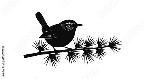 Minimalist Black Wren Bird Silhouette Perched on Larch Branch - High Contrast Vector Icon