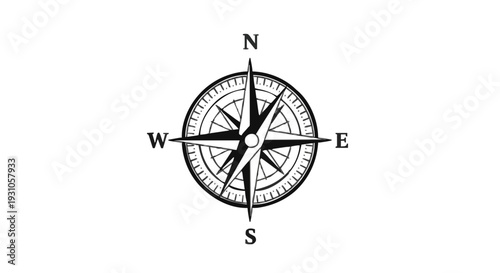 Classic Compass Rose Silhouette with Intricate Needle and Cardinal Points - Black Flat Monoline Style on White Background