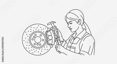 Female mechanic inspecting car brake caliper with caliper tool, close-up line art illustration