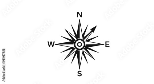 Black Silhouette Vintage Compass Rose Icon with Intricate Radial Points and Arrow Tip on White Background, Flat Design for Navigation and Travel