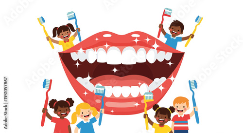 Children enthusiastically brushing giant cartoon teeth together with toothbrushes