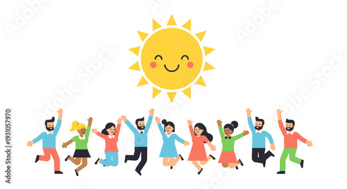 A diverse group of people celebrating under a smiling sun, conveying joy and happiness in a vibrant illustration