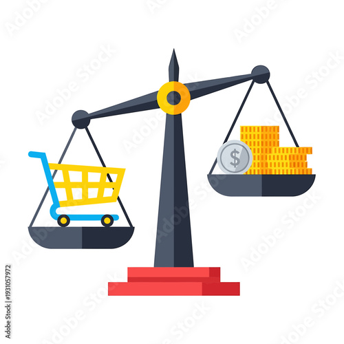 A scale balancing a shopping cart and a pile of gold coins, symbolizing the value of commerce and financial transactions.