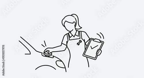 Female Mechanic Inspecting Car with Checklist, Auto Repair Service, Workshop