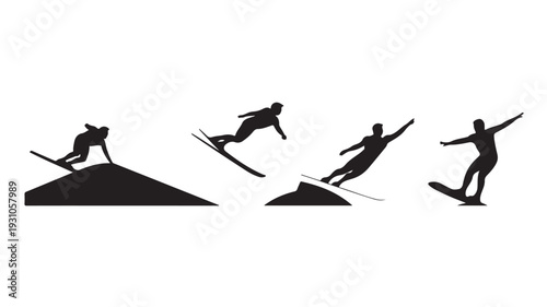 Vector Illustration Of Snowboarder Silhouettes In Various Jumping Actions On White Background For Sports And Adventure Concepts