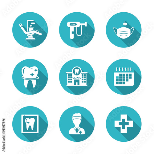 Set of icons representing medical and dental services in a modern, flat design on turquoise and white backgrounds