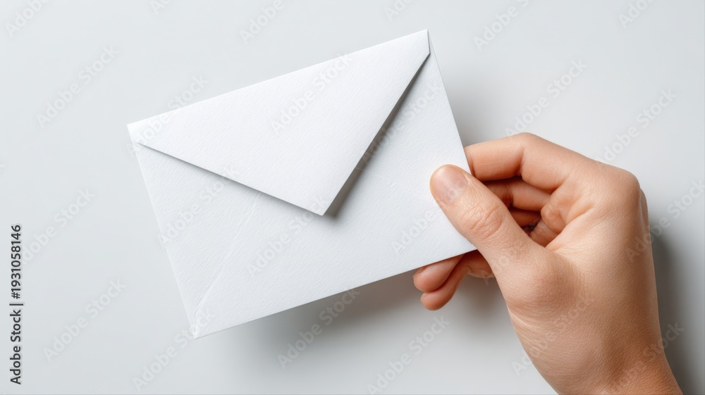 Fototapeta premium Hand Holding a Blank White Envelope Ready to Mail, Communication and Invitation Concept