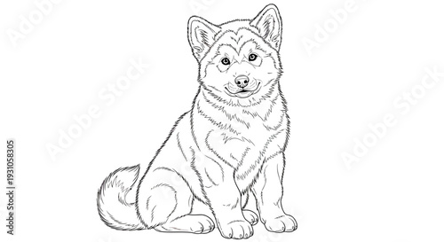 Cute Shiba Inu Puppy Sitting Black and White Sketch