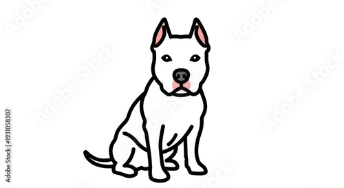 Cute White Pitbull Dog Sitting and Looking Forward, Cartoon Style