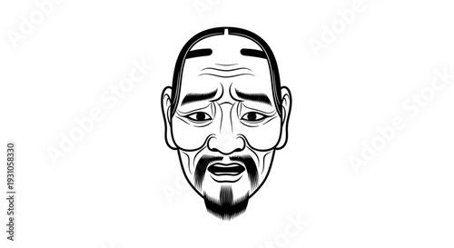 Distressed Old Man Face, Japanese Noh Mask Style, Expressive Wrinkles, Black and White Line Art