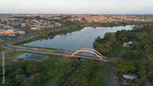 Konstfotografi Aerial view of bridge over Represa 3 in Sao Jose do Rio Preto, Sao Paulo, Brazil