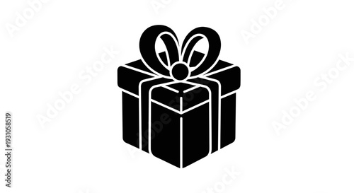 Black Gift Box Icon with Ribbon and Bow on White Background, Simple Vector Illustration