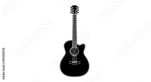 Acoustic Guitar Silhouette, Black and White, Isolated on White Background
