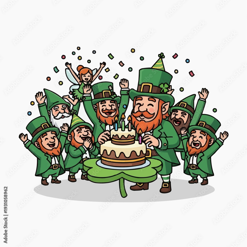 Fototapeta premium Leprechaun group celebrating a birthday with cake and cheerful elves and fairies.