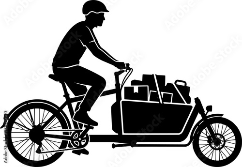 Silhouette of man riding a long john cargo bicycle with large front box for delivery or family transport, clean vector art, isolated on white background