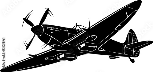 Detailed black silhouette of a vintage WWII Spitfire fighter plane banking in flight, military aviation concept, flat vector illustration, isolated on white background