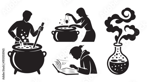 Vector Illustration Of Black Silhouettes Of People In A Witchcraft Setting For Halloween And Magic Concepts