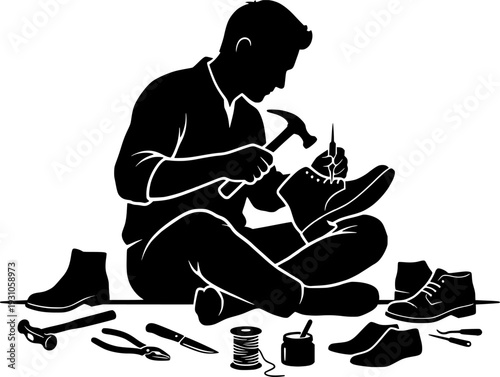 Man sitting on floor repairing shoe with tools around him in silhouette style isolated on white background

