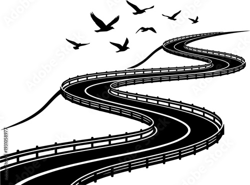 Silhouette of a winding road with guardrails and birds flying overhead in a flat illustration style isolated on white background
