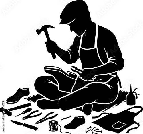 Man sitting on floor repairing shoe with tools around him in silhouette style isolated on white background
