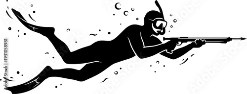 Silhouette of Spearfishing Diver in Wetsuit with Snorkel and Speargun Aiming Forward, Dynamic Underwater Hunting Pose, Minimalist Vector Art, Graphic Icon, isolated on white background