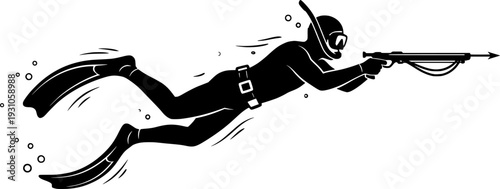 Silhouette of Spearfishing Diver in Wetsuit with Snorkel and Speargun Aiming Forward, Dynamic Underwater Hunting Pose, Minimalist Vector Art, Graphic Icon, isolated on white background
