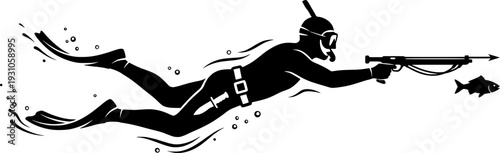 Silhouette of Spearfishing Diver in Wetsuit with Snorkel and Speargun Aiming Forward, Dynamic Underwater Hunting Pose, Minimalist Vector Art, Graphic Icon, isolated on white background